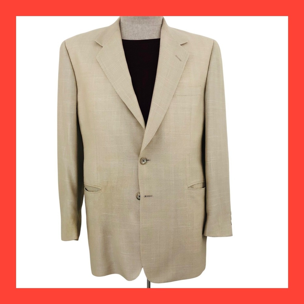 Jhane Barnes Beige Silk Linen Blend Herringbone Grid Blazer Sport Coat Mens 40R